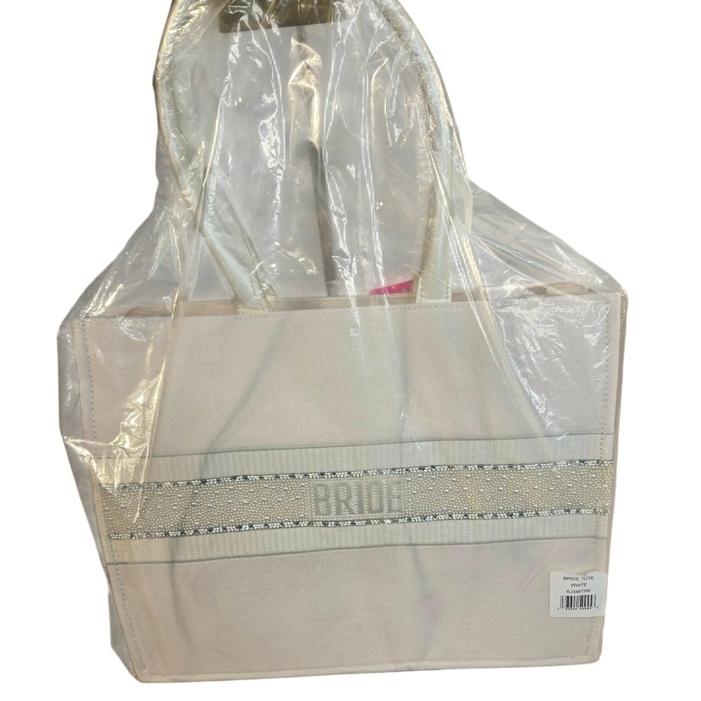 Betsey Johnson‎ Bride Tote White Canvas Pearl Rhinestone Embellished BJ34875M